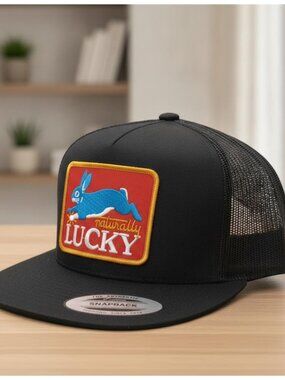 Retro Naturally Lucky Trucker Hat Vintage Blue Rabbit Patch Yupoong Snapback 80s